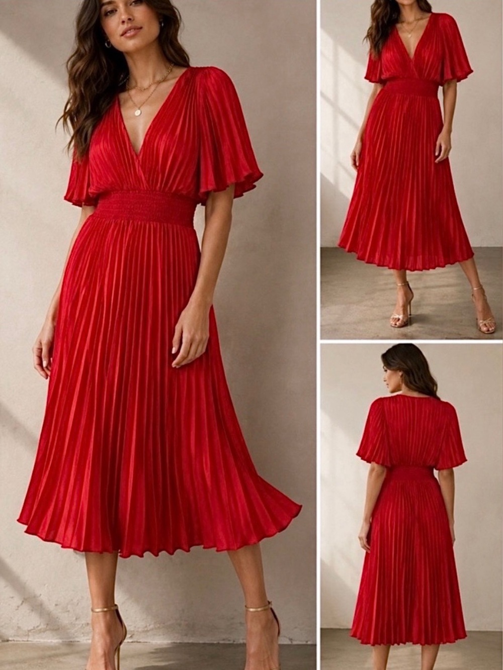 Express Red Pleated V-Neck Midi Dress Sz M Summer Holiday Formal Party Date